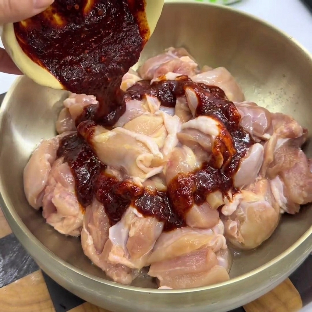 Salsa roja vertida sobre trozos de pollo en un bol grande de metal.