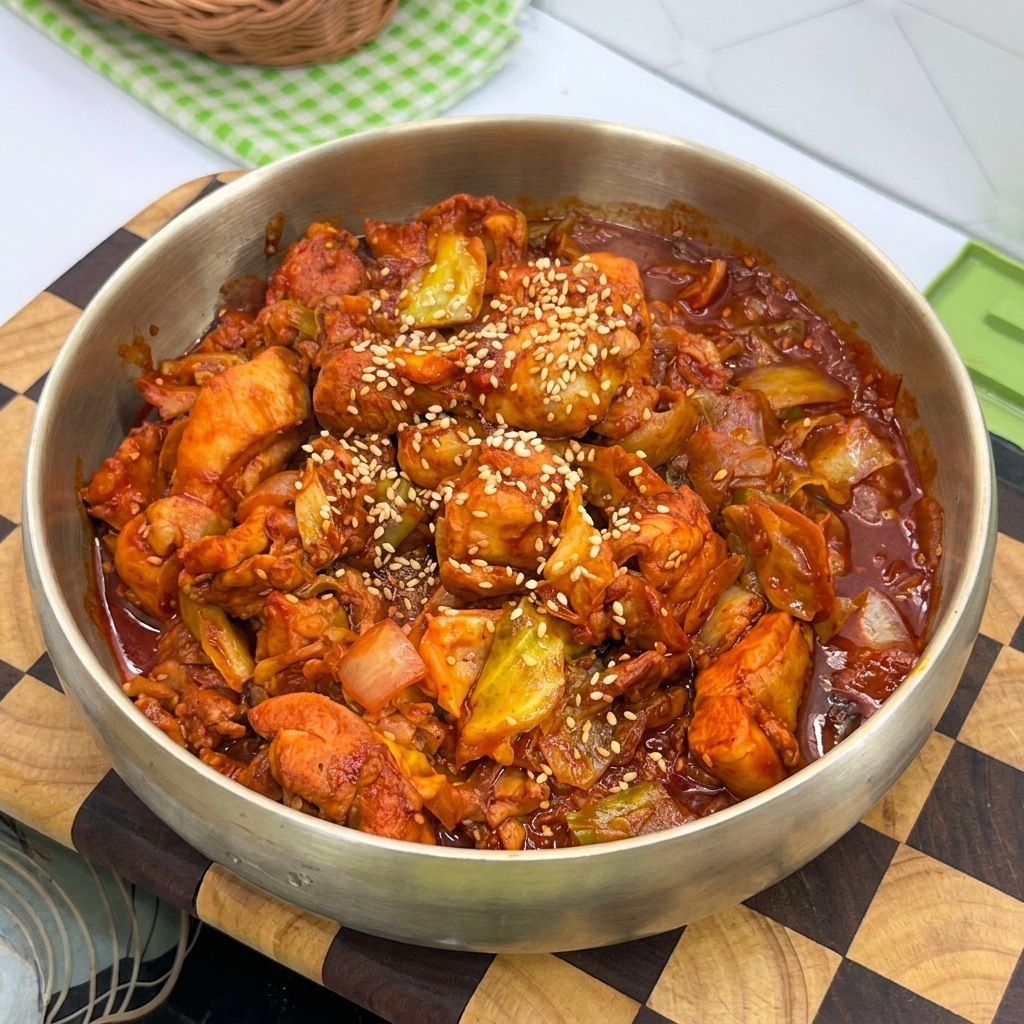 Pollo marinado picante salteándose con trozos de repollo y cebolla en una sartén de latón.