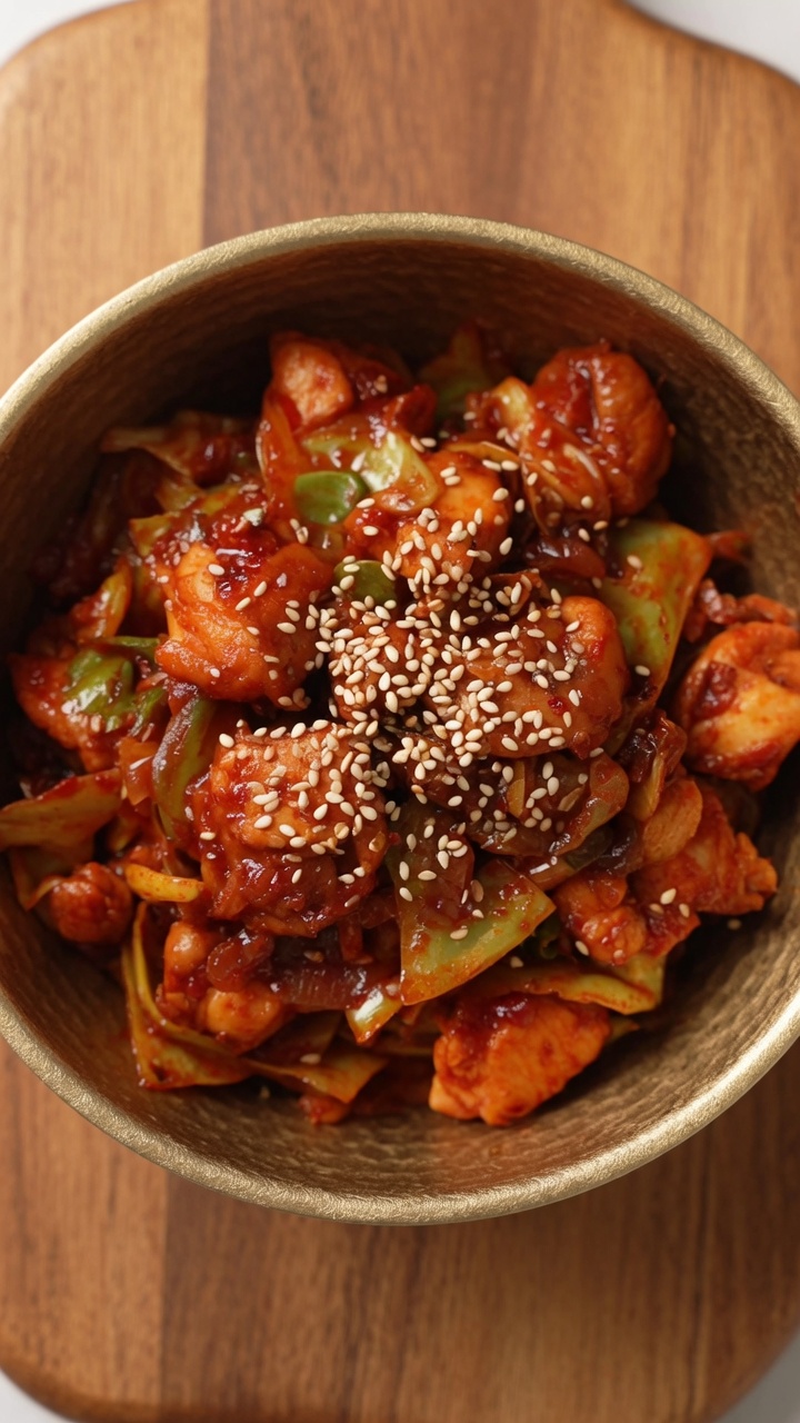 Un bol dorado lleno de brillante pollo salteado coreano, repollo tierno y semillas de sésamo tostadas.