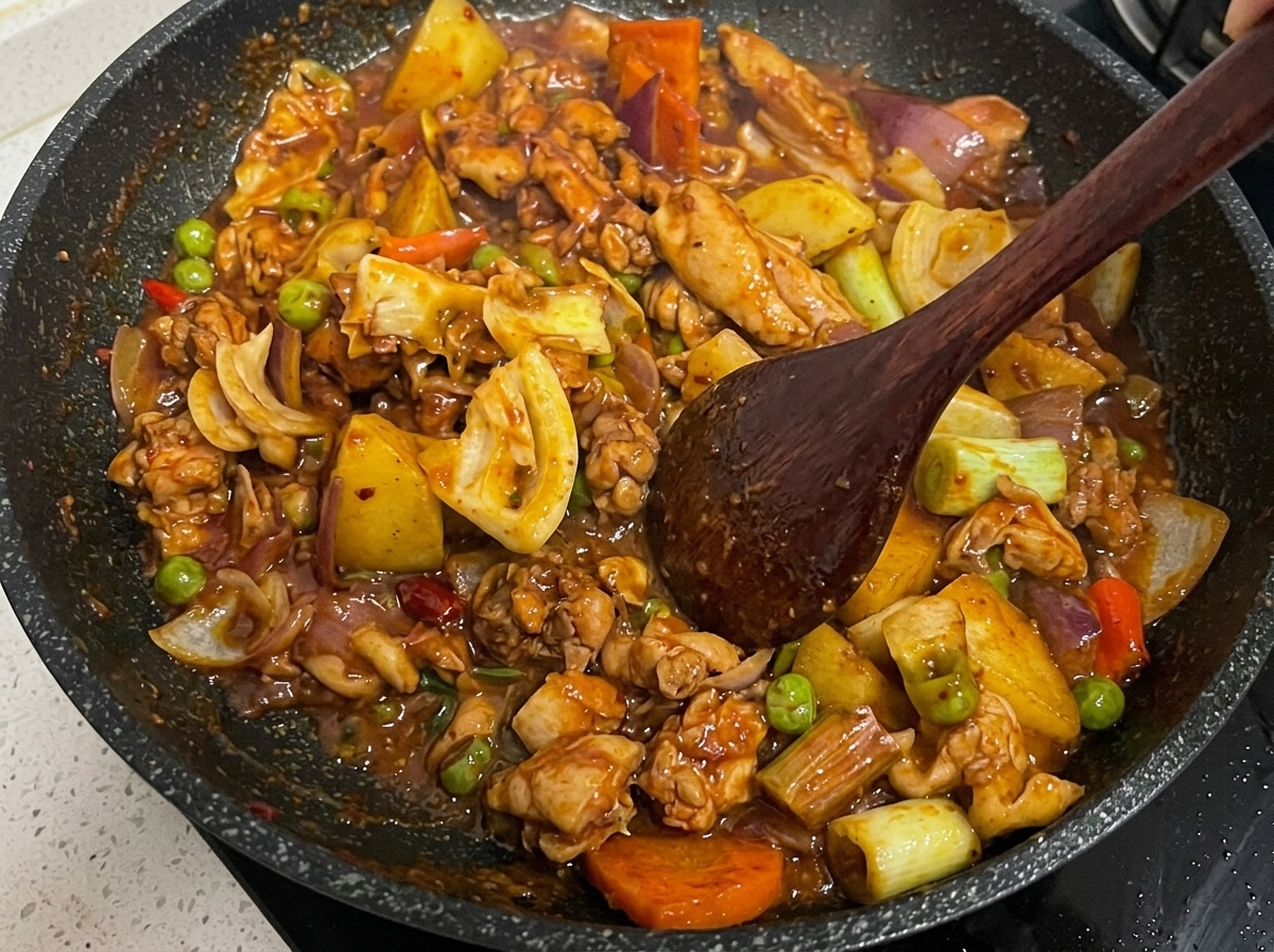 Pollo y mezcla de verduras cocinándose en una salsa roja oscura burbujeante dentro de una sartén caliente.