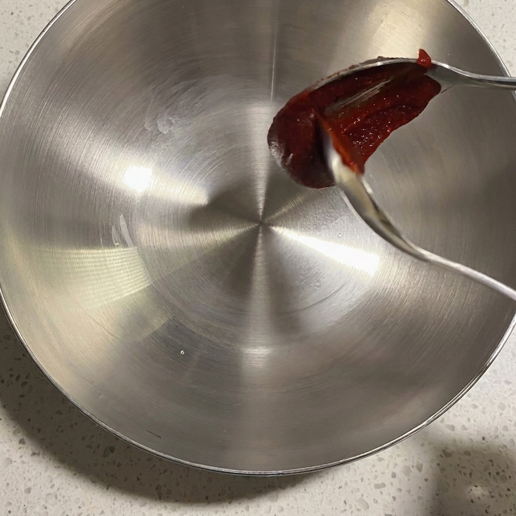 Un tazón de metal con varios condimentos y salsas listos para mezclar.