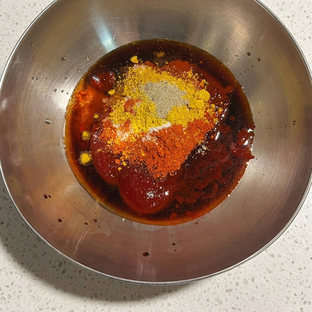Trozos de pollo siendo mezclados a mano en un tazón con adobo oscuro.