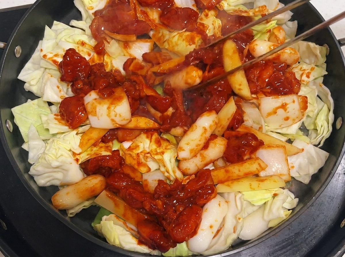 Pinzas removiendo la mezcla de pollo y verduras en la sartén durante la cocción.