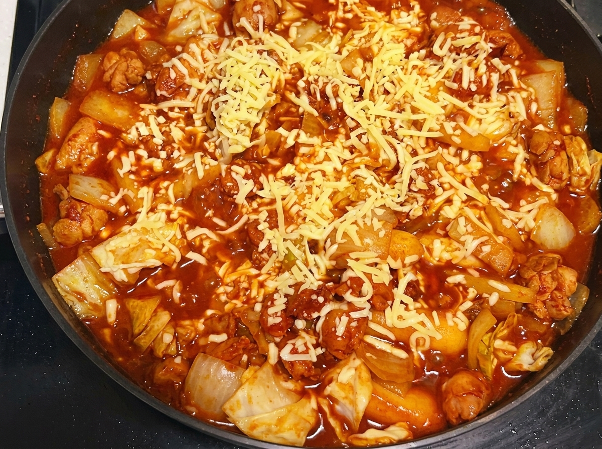 Una sartén con una mezcla colorida de pollo, col y pasteles de arroz, cubierta con una capa de queso mozzarella derretido.