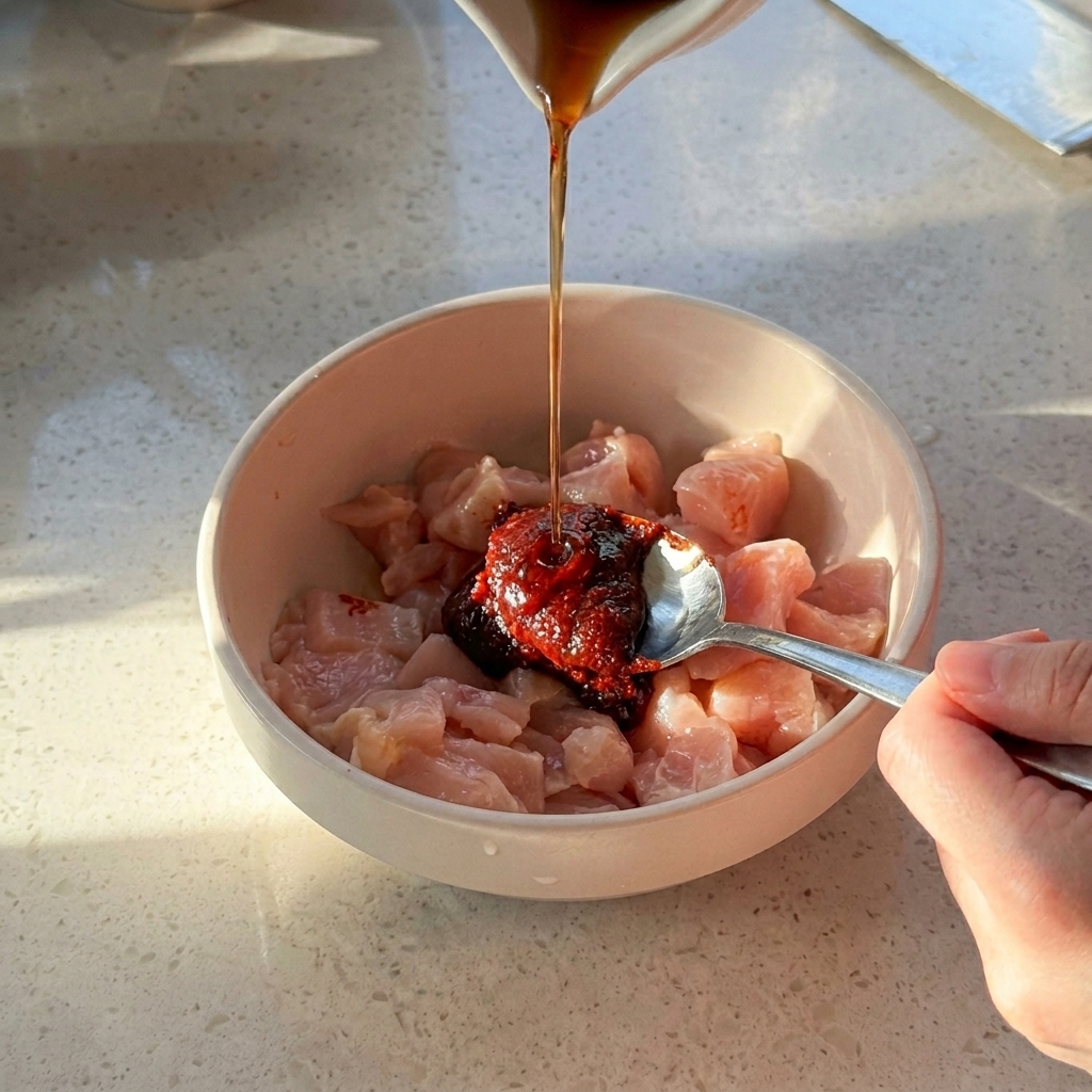 Pasta de chile coreano cayendo de una cuchara en un bol con trozos de pollo crudo y salsa oscura.