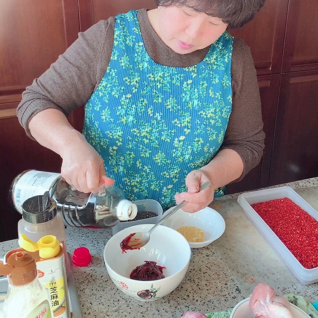 Un tazón blanco con pasta roja de gochujang mezclándose con otros ingredientes para la salsa usando una cuchara de metal.