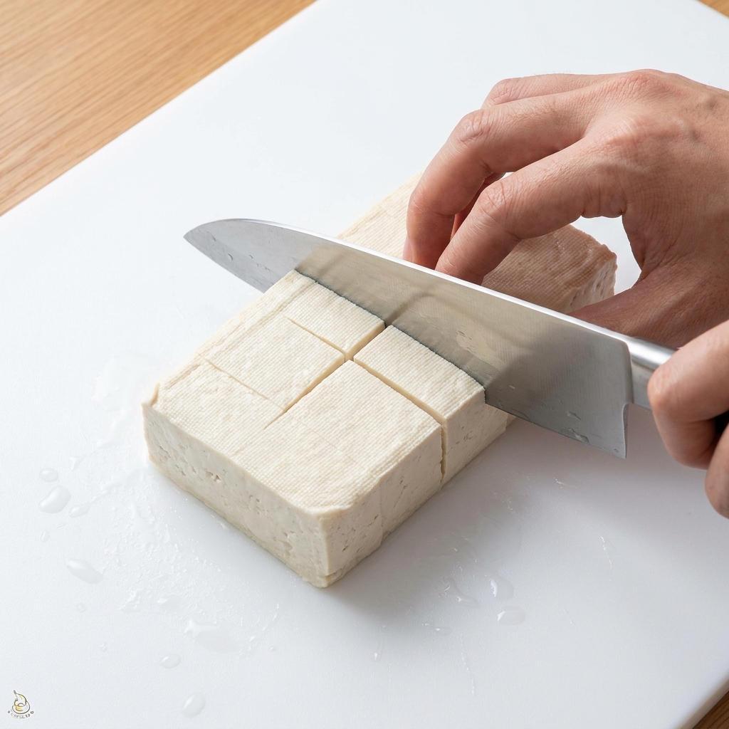 Bloque de tofu siendo cortado cuidadosamente en pequeños cubos sobre una tabla de cortar blanca y limpia.