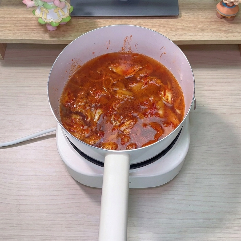 Salsa de soja ligera y esencia de pollo siendo añadidas al caldo burbujeante de la sopa.