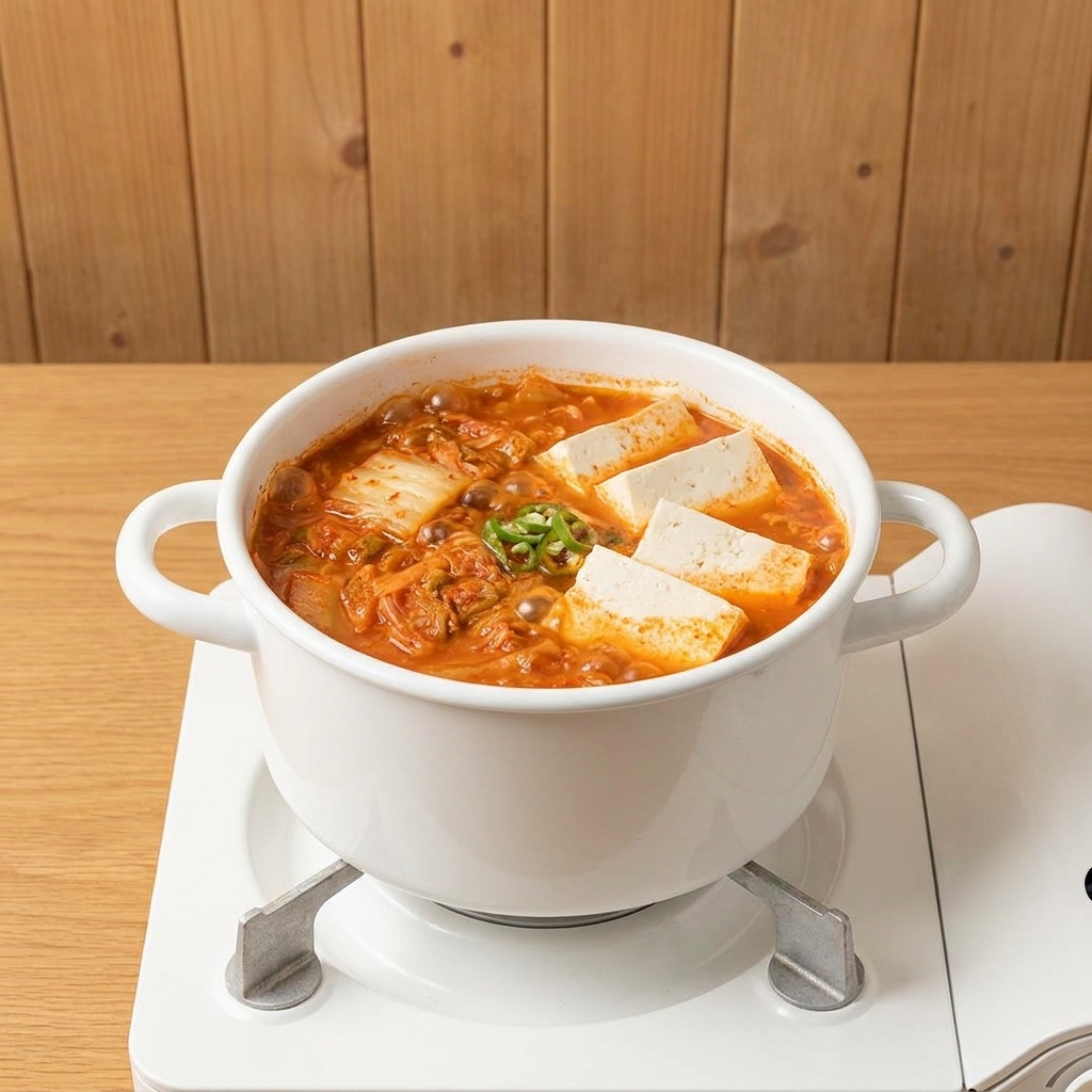 Cubos de tofu y brotes de soja frescos reposando sobre la base burbujeante de sopa de kimchi y atún.