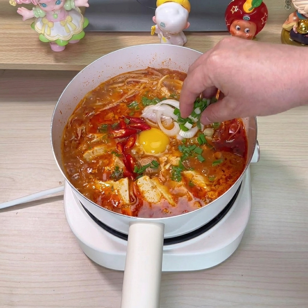 Cebolletas frescas espolvoreándose en la sopa terminada.