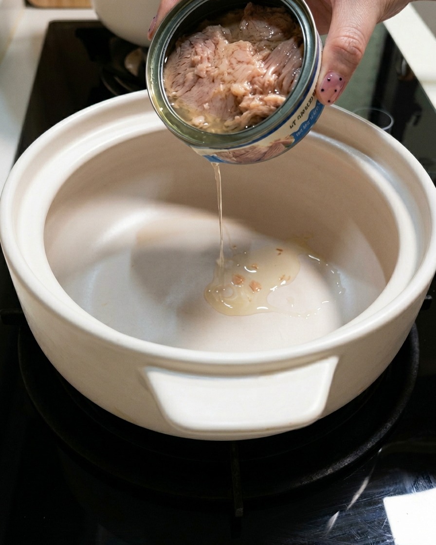 Aceite de atún vertido desde una lata en una olla de cerámica blanca.