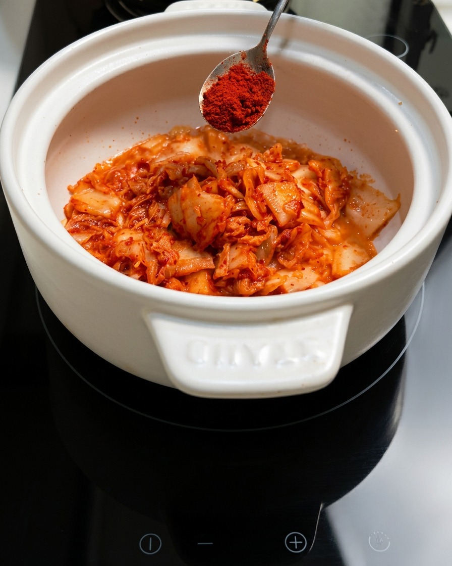 Una cucharada de chile en polvo siendo añadida al kimchi salteado en la olla.