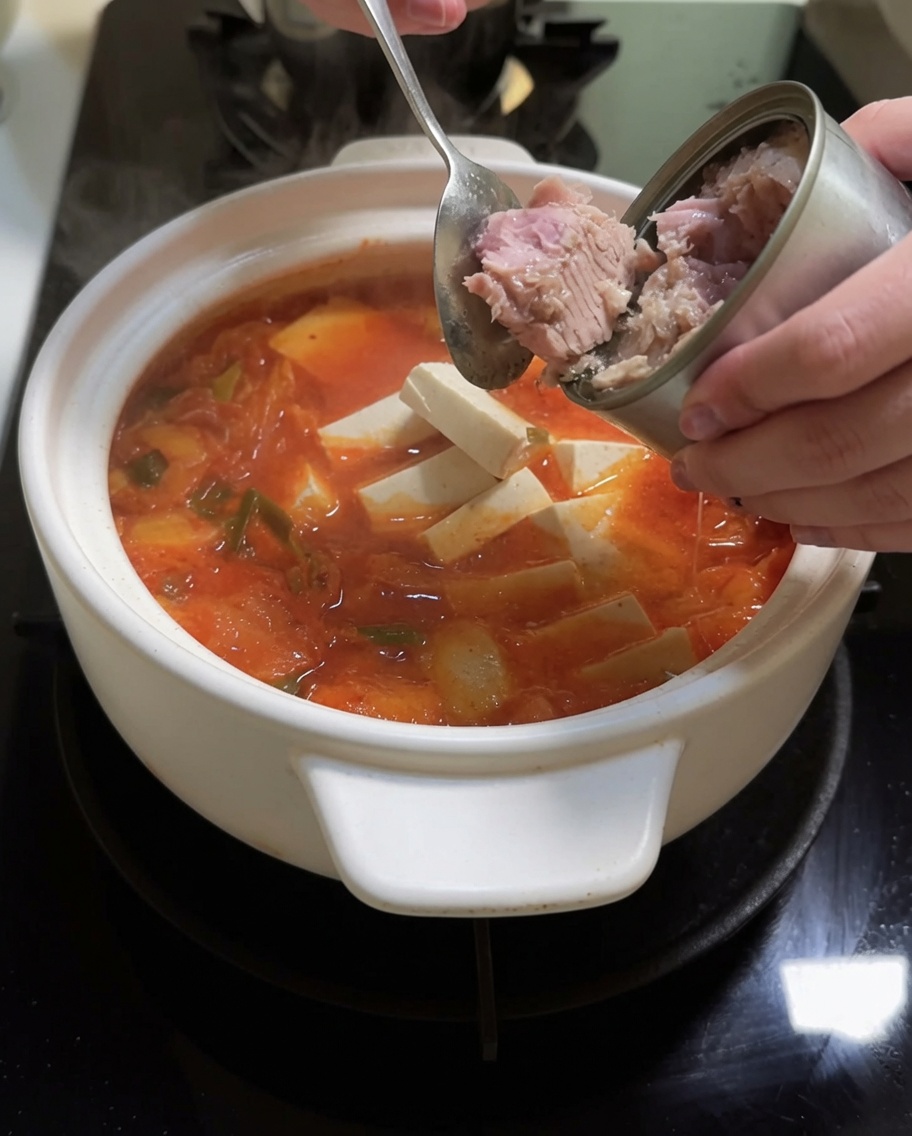 Cubos de tofu fresco y trozos de atún en conserva siendo añadidos al hirviente caldo picante de kimchi.
