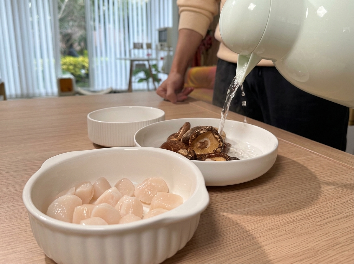 Dos cuencos blancos pequeños sobre una mesa de madera, uno con setas shiitake en agua y otro con vieiras secas en agua.