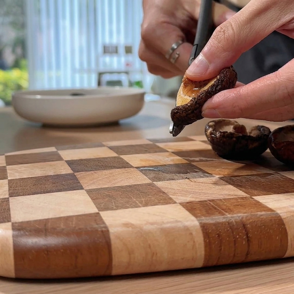 Un par de tijeras de cocina cortando una seta shiitake rehidratada.