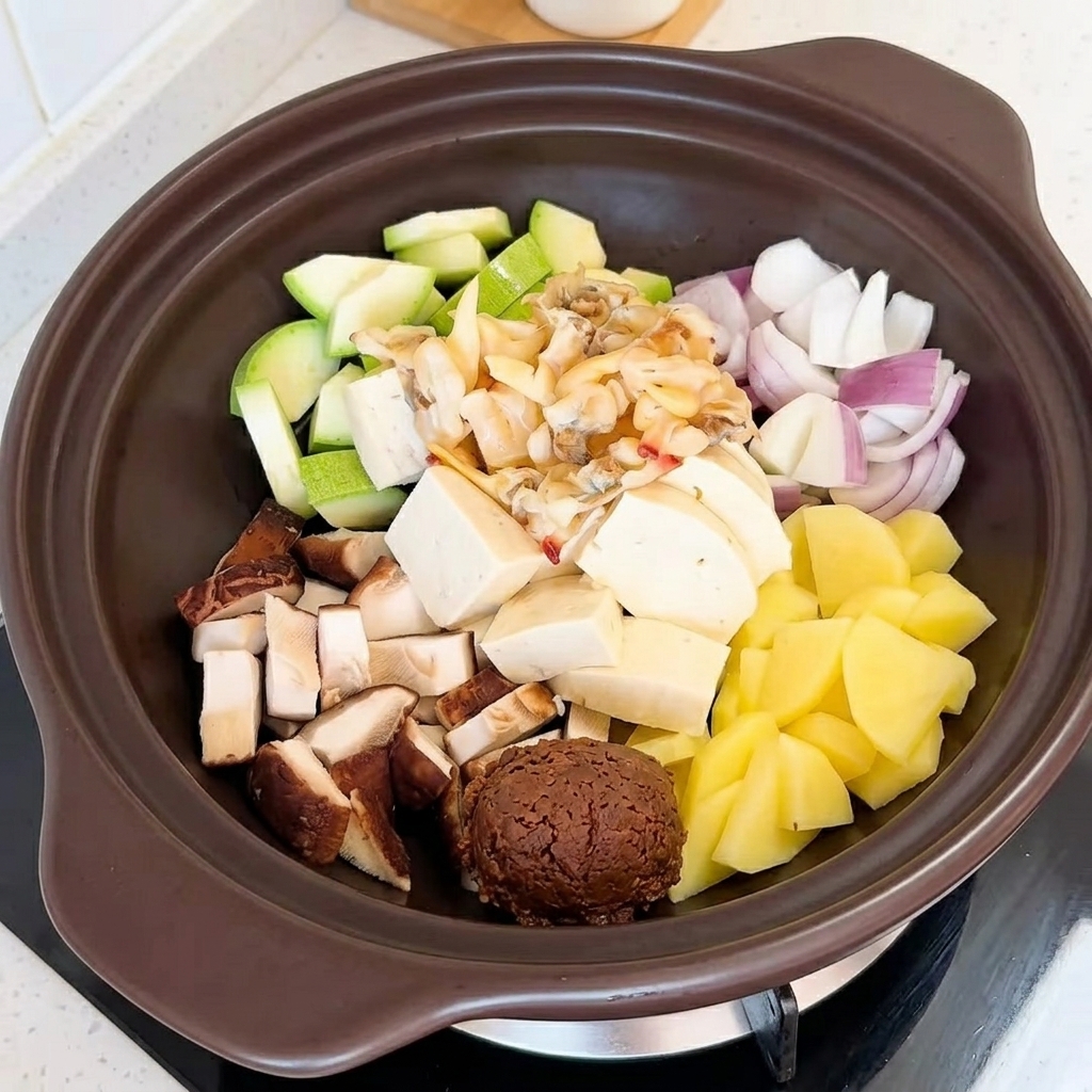 Una cucharada de pasta de soja coreana siendo añadida al centro de una olla llena de tofu, calabacín, cebollas, setas y almejas.