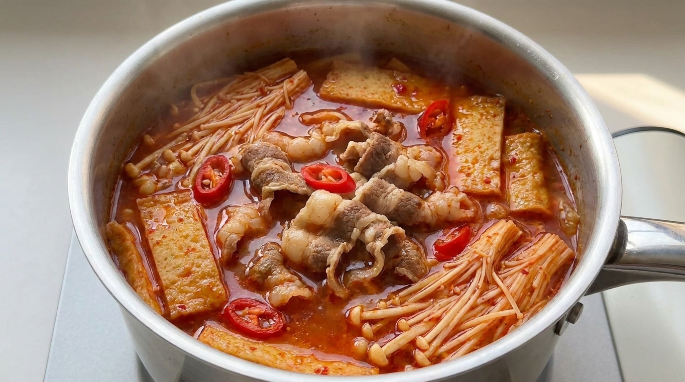 Sopa Coreana de Kimchi con Ternera y Setas Enoki