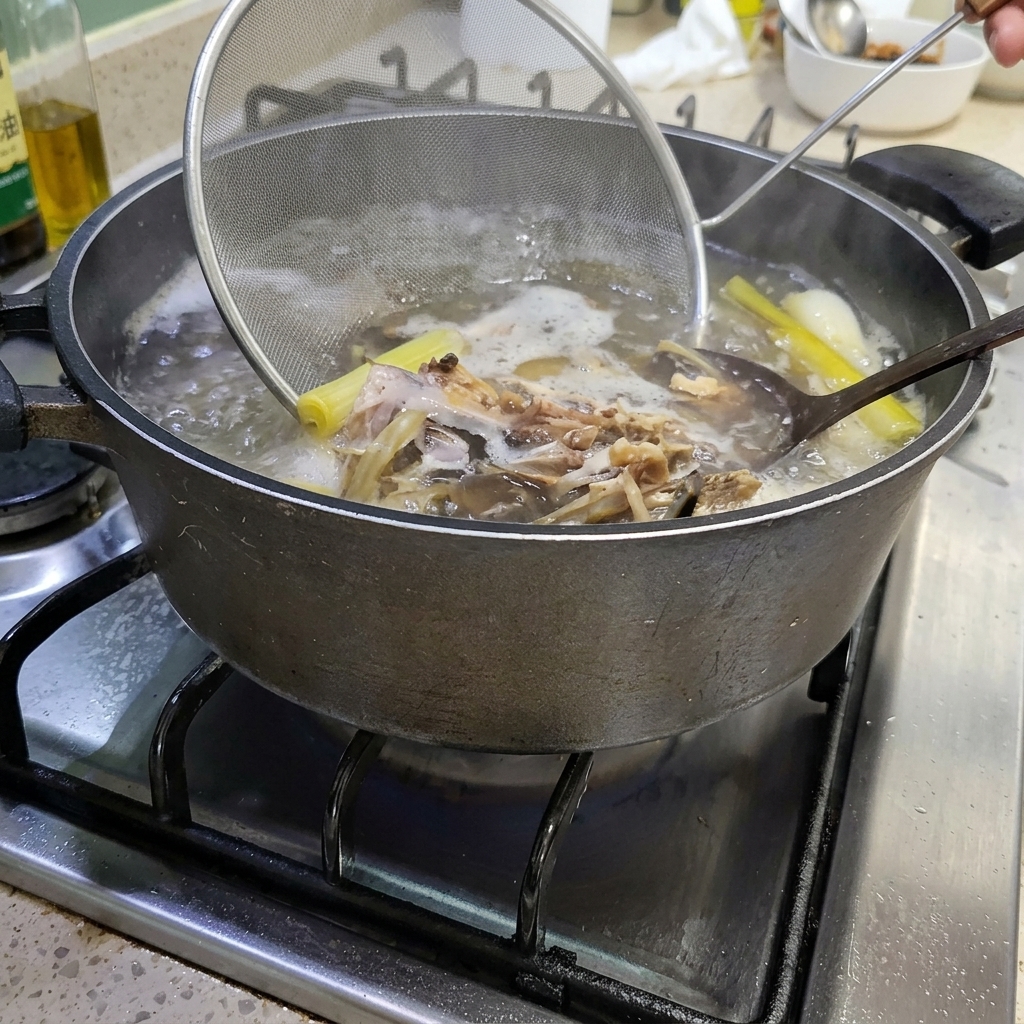 Un colador de malla retirando ingredientes sólidos de la olla.