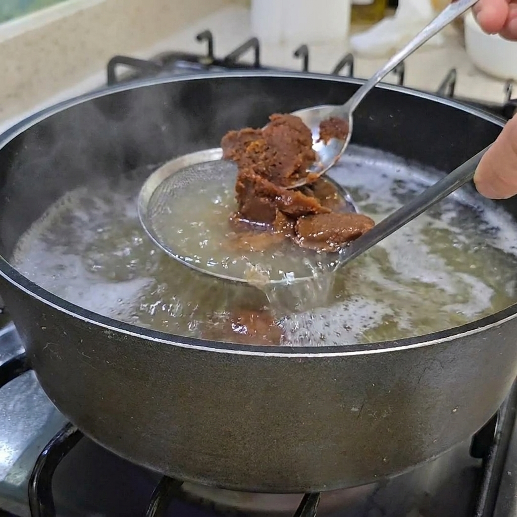 Dos cucharadas de pasta de soja siendo disueltas en el caldo claro.