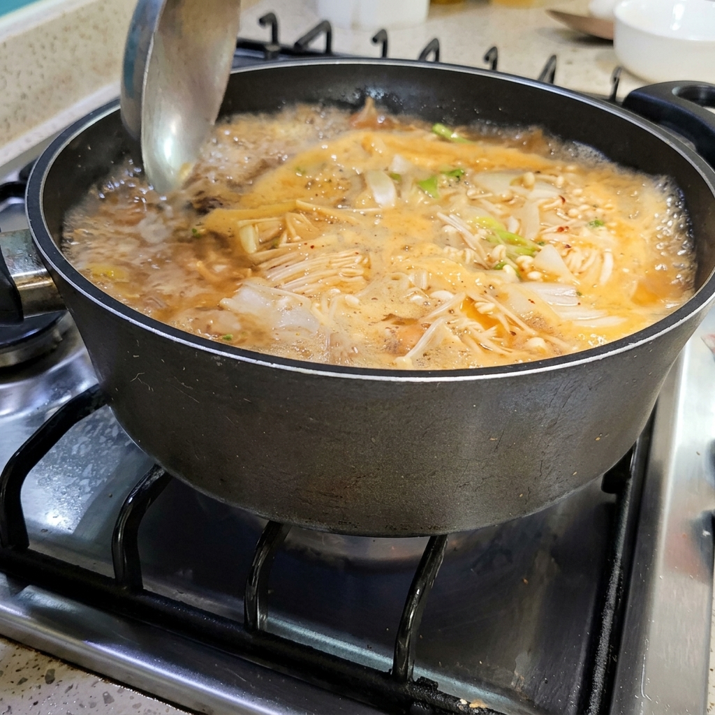 Un cucharón retirando espuma de la superficie del Doenjang Jjigae.