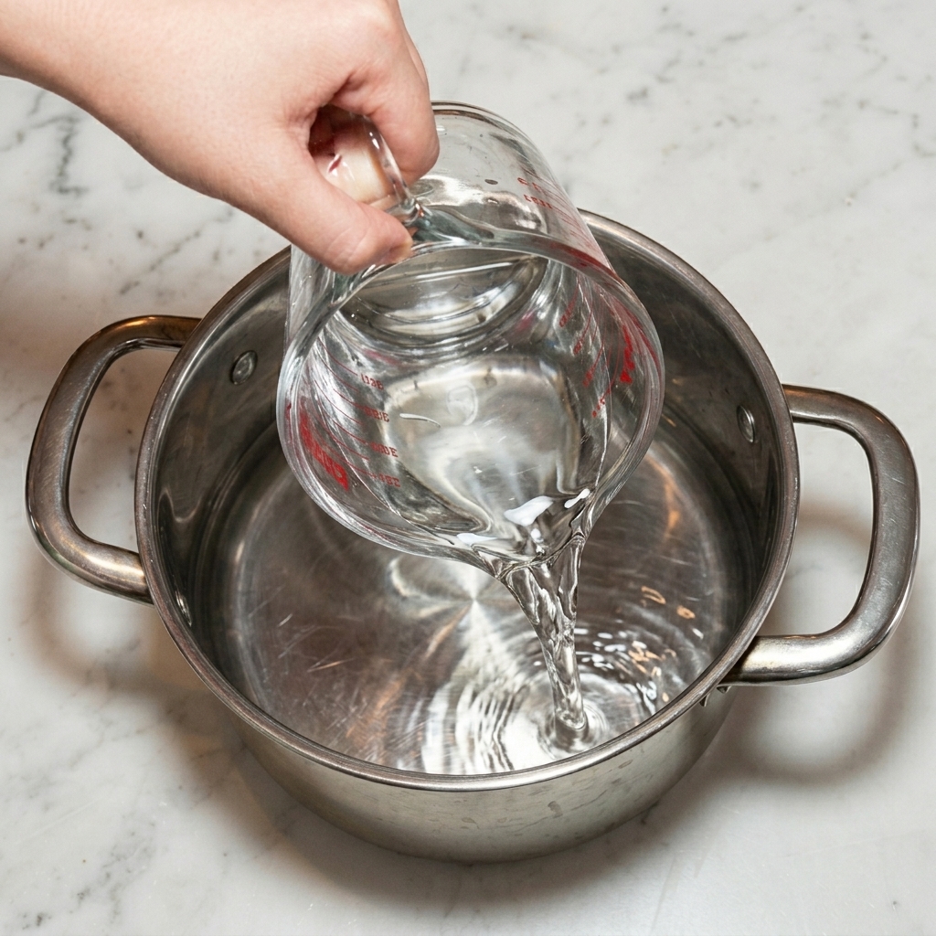 Agua siendo vertida de una jarra medidora a la olla sobre los ingredientes.
