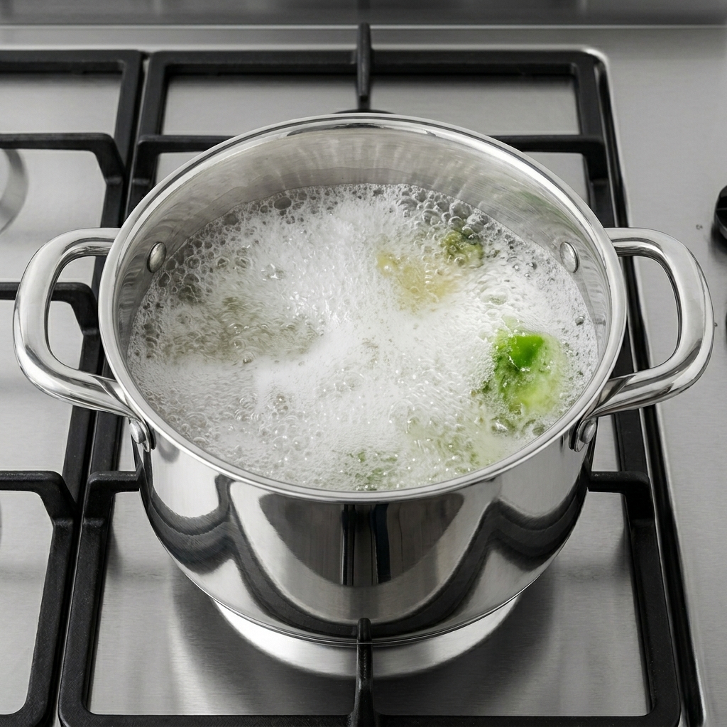Olla con caldo de anchoas y vegetales hirviendo en la estufa.