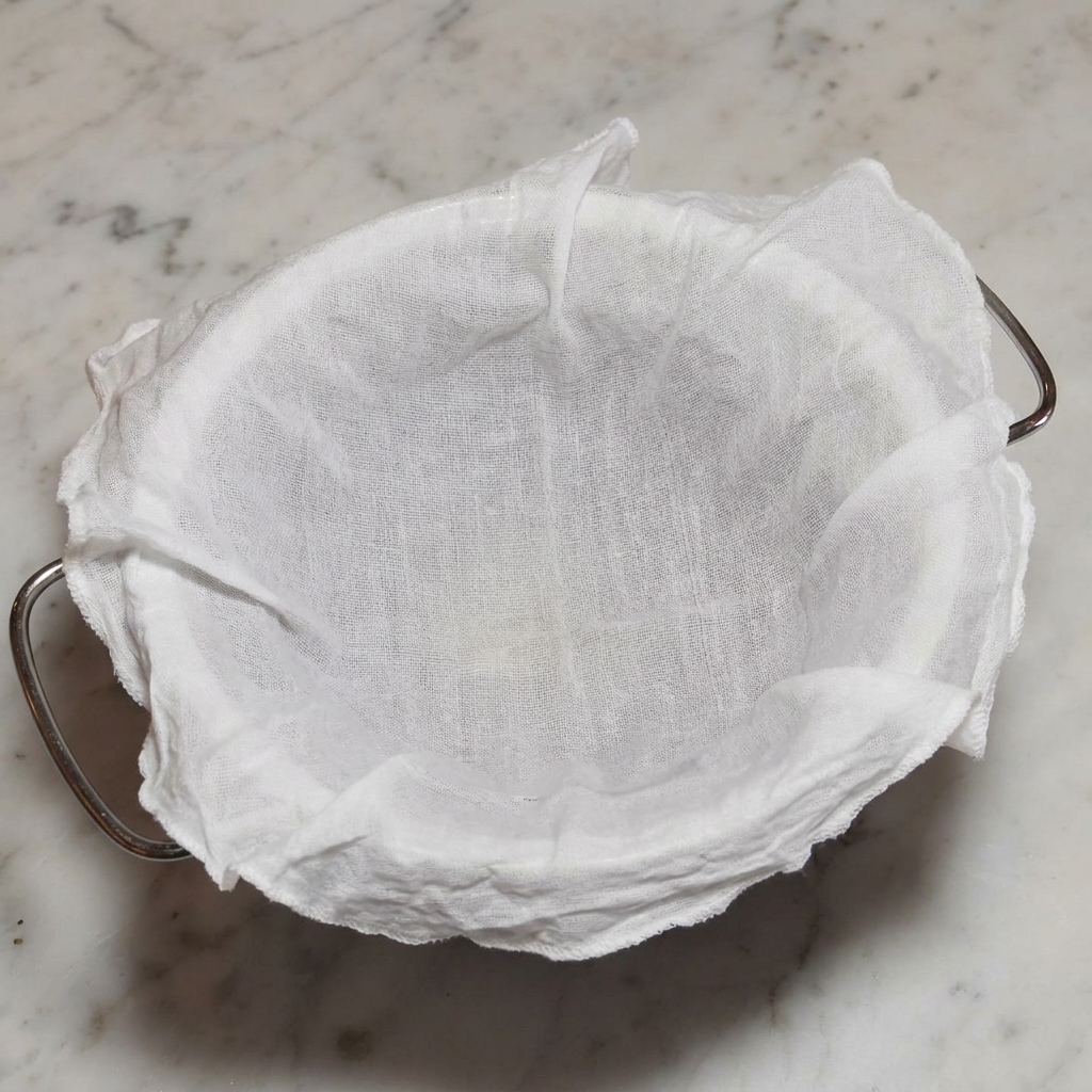 Caldo amarillo claro siendo filtrado a través de una tela fina hacia un recipiente.