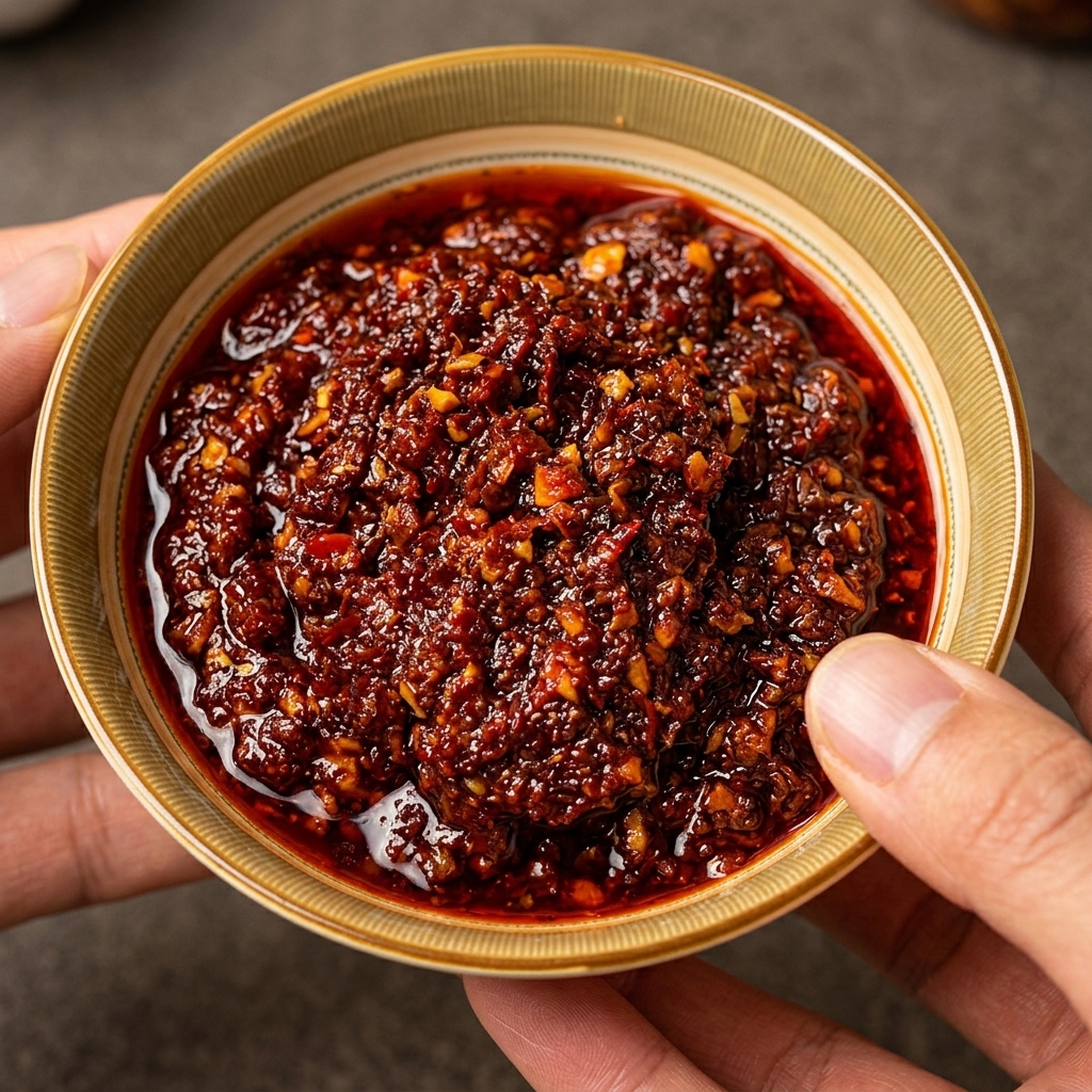 Una salsa roja picante y espesa siendo vertida con cuchara sobre filetes de bacalao crudo en una sartén.