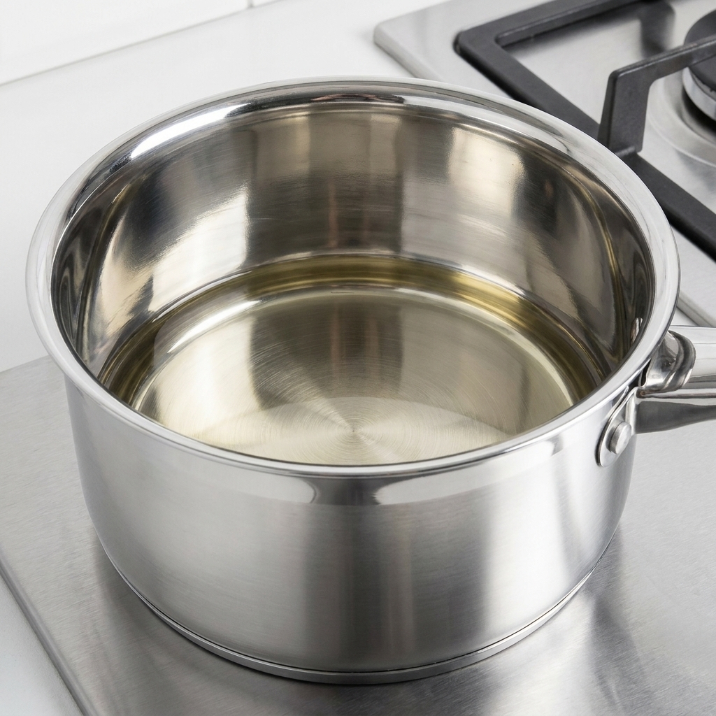 Abadejo amarillo siendo sofrito en una olla de acero inoxidable con aceite usando una cuchara de madera.