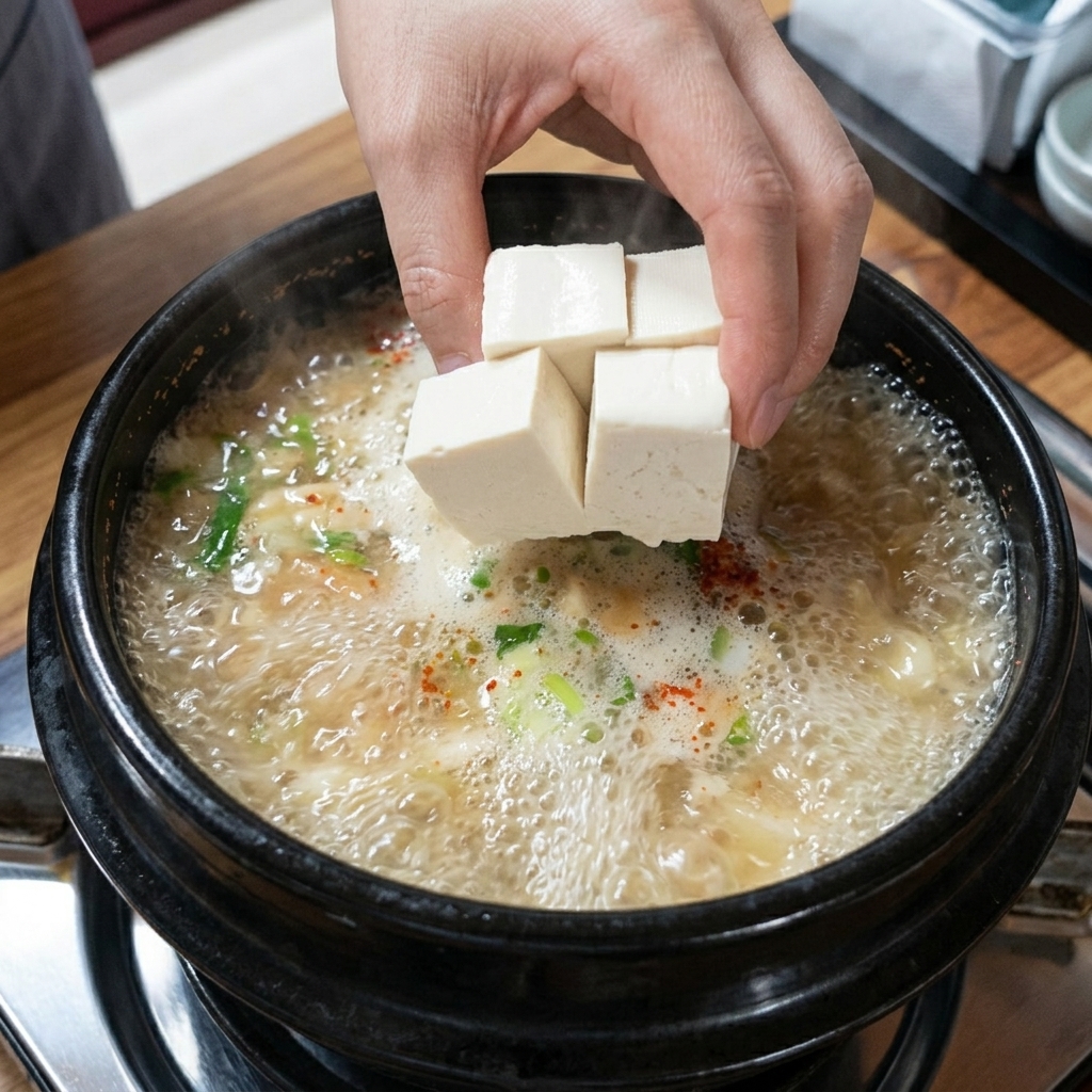 Rebanadas de tofu suave siendo cuidadosamente añadidas al estofado de pasta de soja burbujeante.