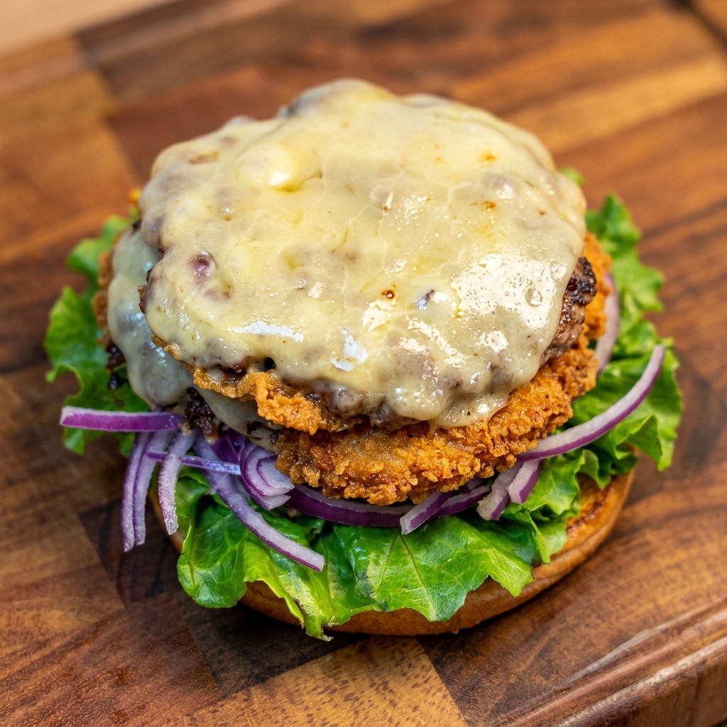 Hamburguesa de ternera jugosa con queso fundido siendo colocada sobre la base de vegetales.