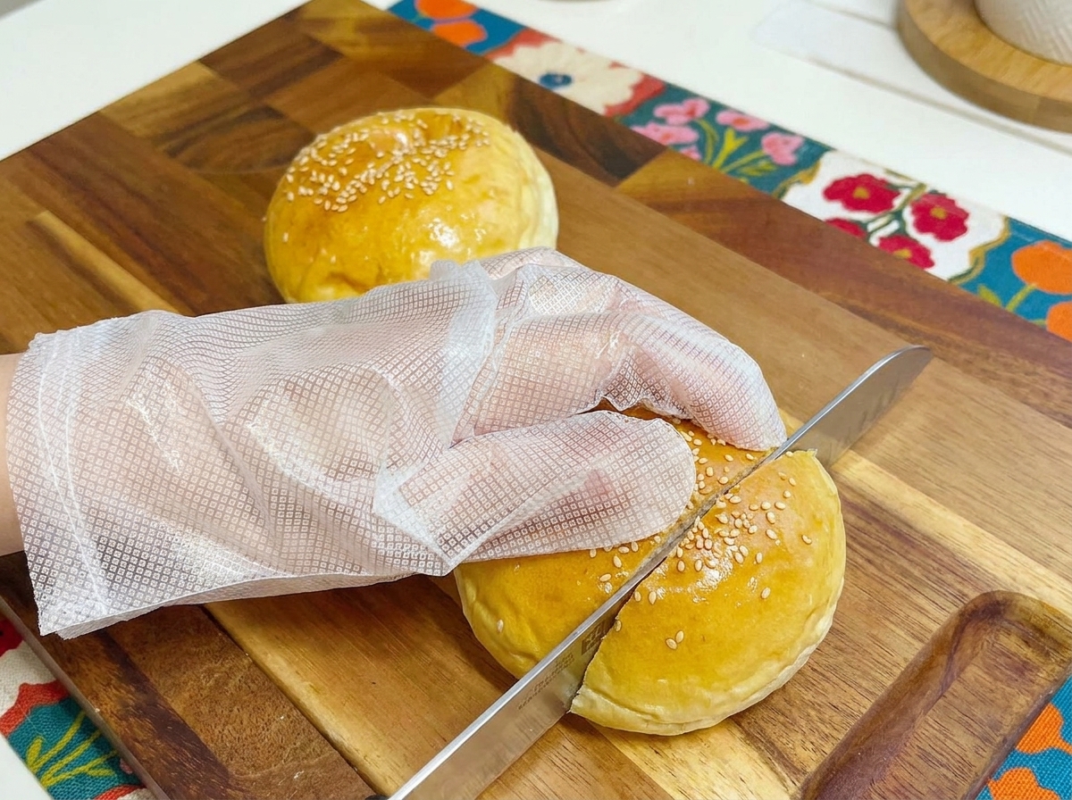 Un pan de hamburguesa cortado reposando en una tabla de madera.