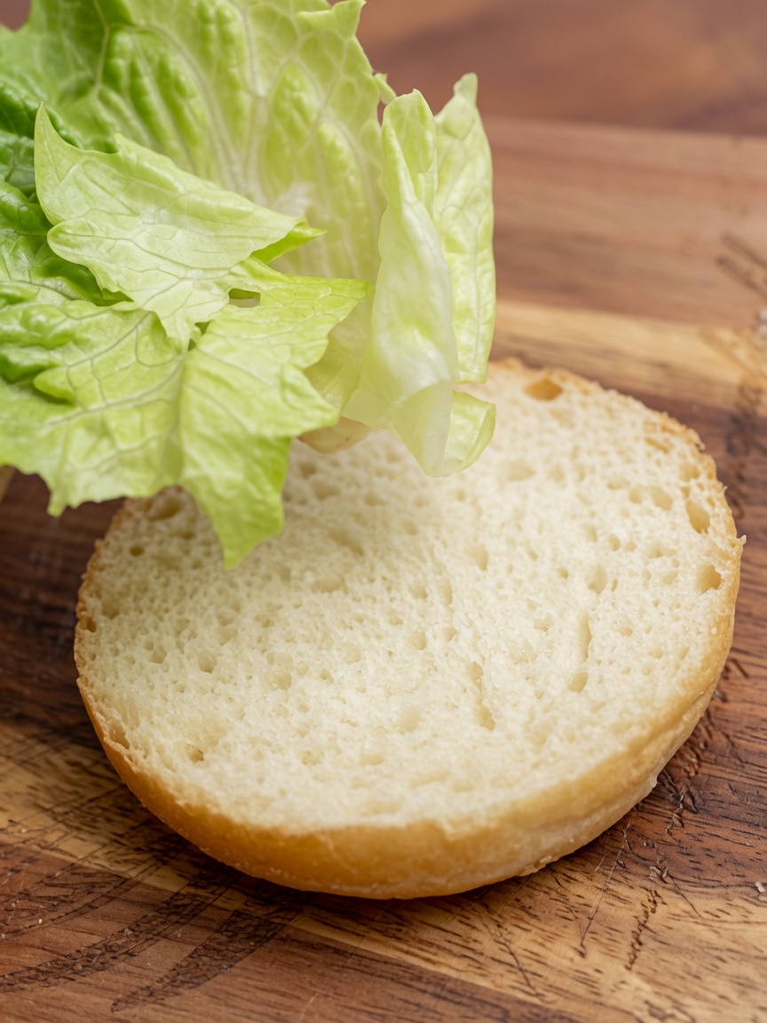 Hojas de lechuga verde fresca colocándose sobre la mitad inferior de un pan de hamburguesa blanco.