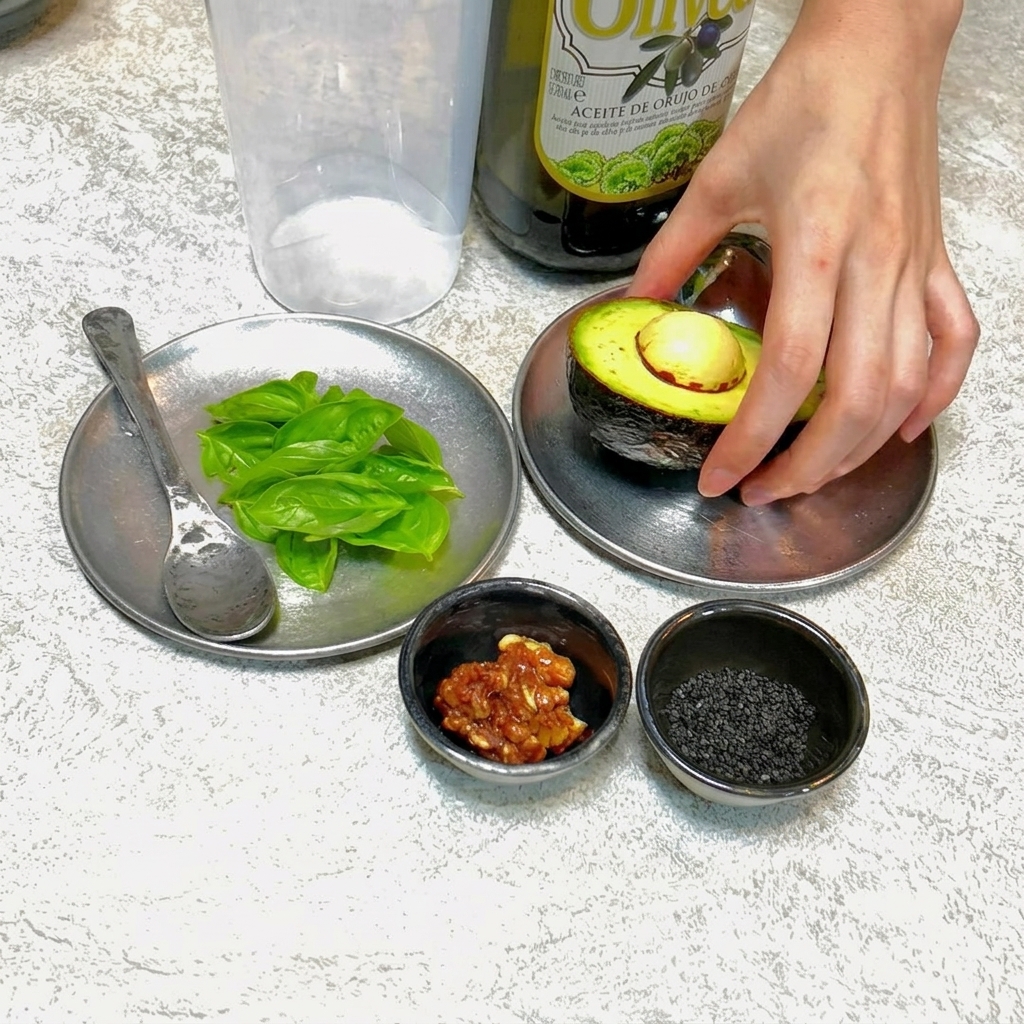 Una batidora conteniendo aguacate, albahaca, nueces y otros ingredientes listos para ser procesados.