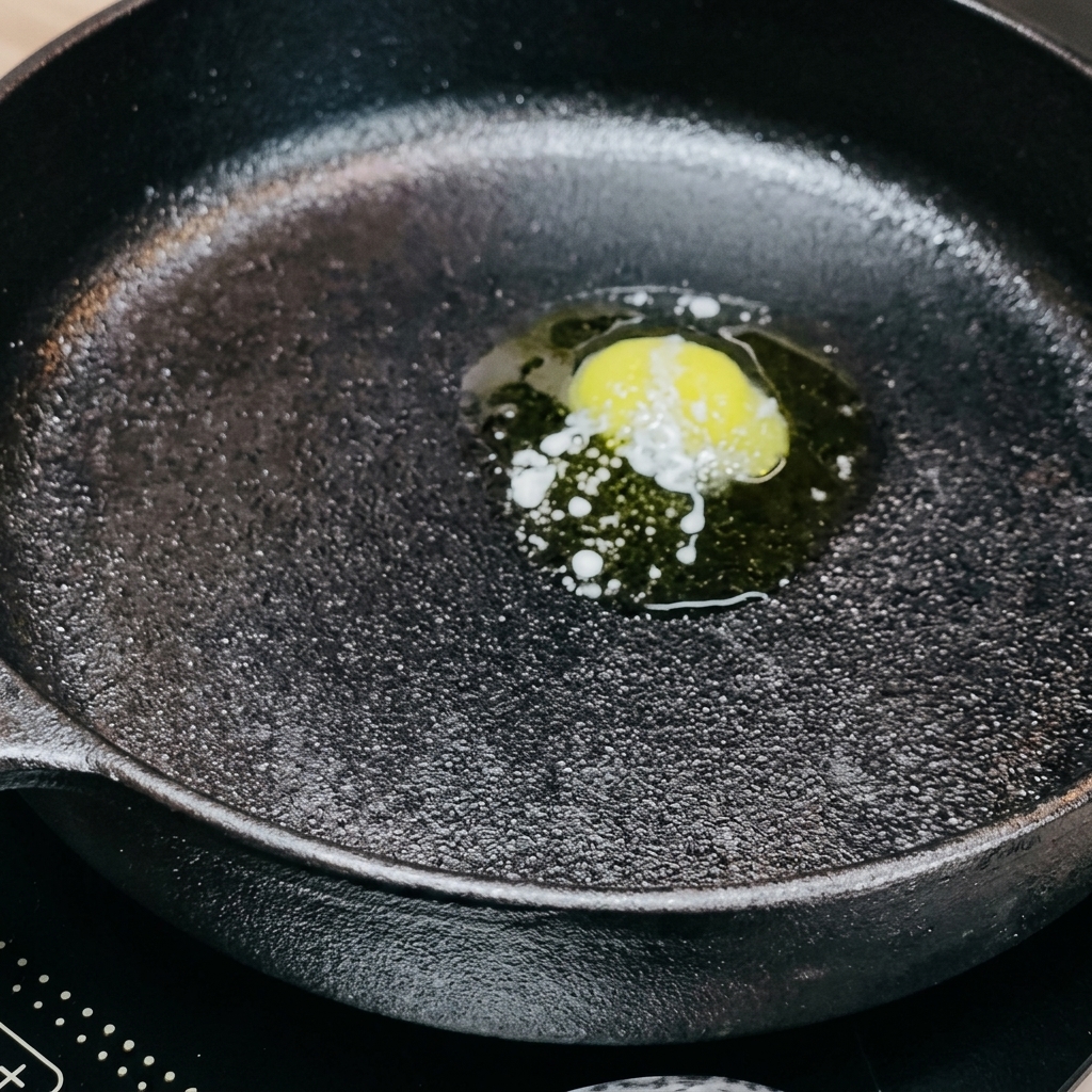 Mantequilla derritiéndose en una sartén caliente con trozos de contramuslo de pollo marinados.