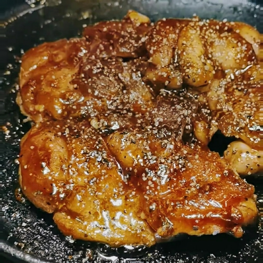 Pollo glaseado en la sartén siendo sazonado con pimienta negra recién molida.