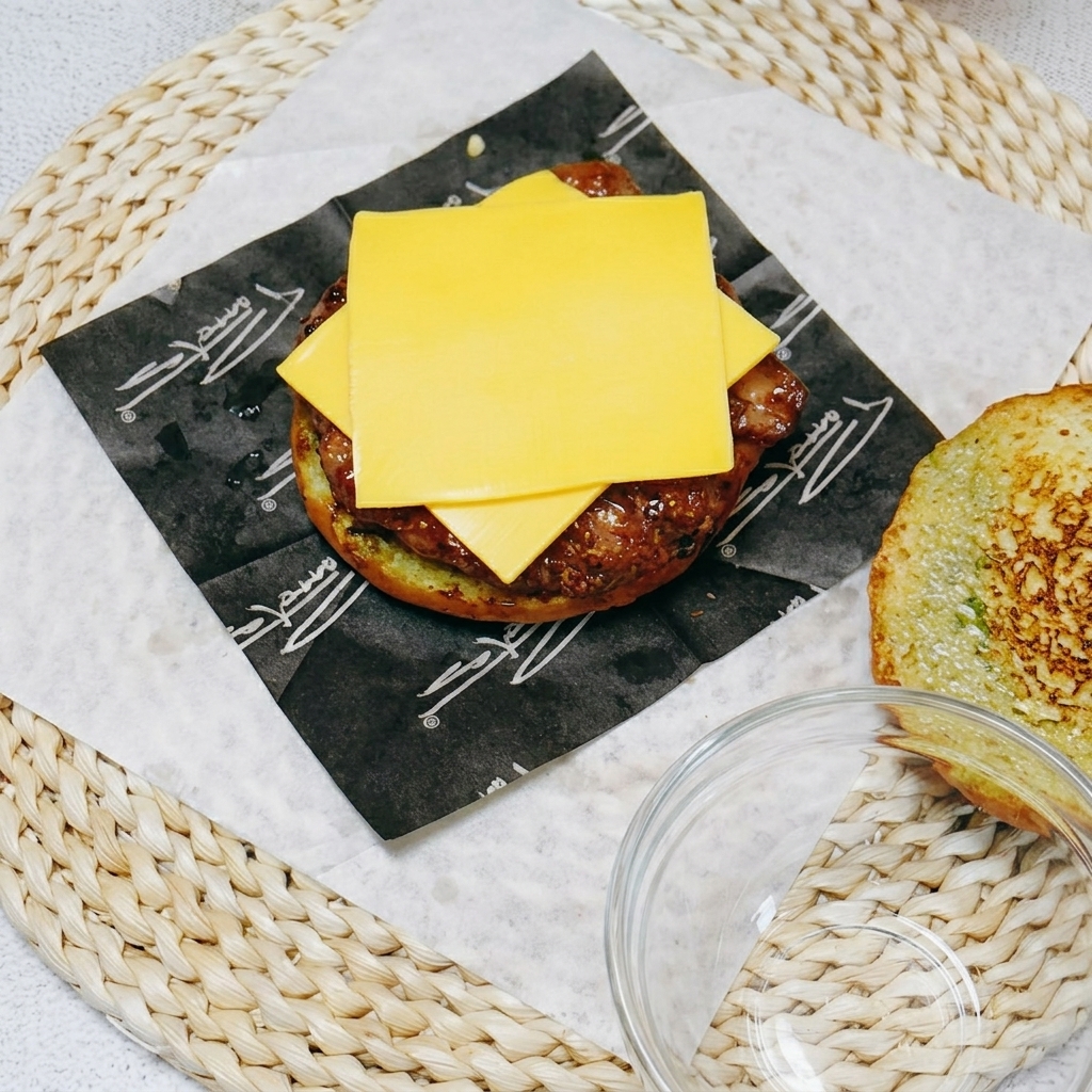 Una torre de queso, pepino, pepinillos, huevo frito y tomate siendo colocados sobre la hamburguesa de pollo.
