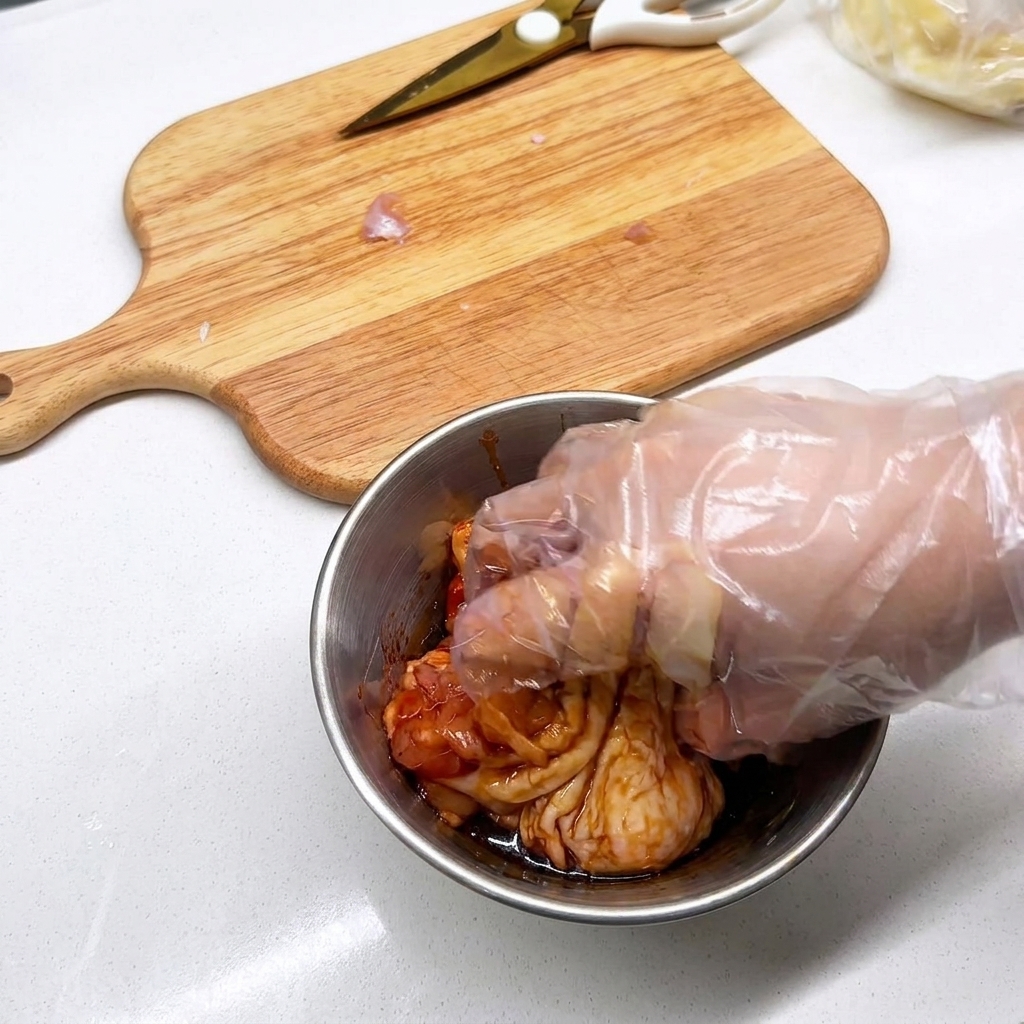 Mano con guante mezclando las piezas de pollo con el marinado y aromáticos en un tazón de metal.