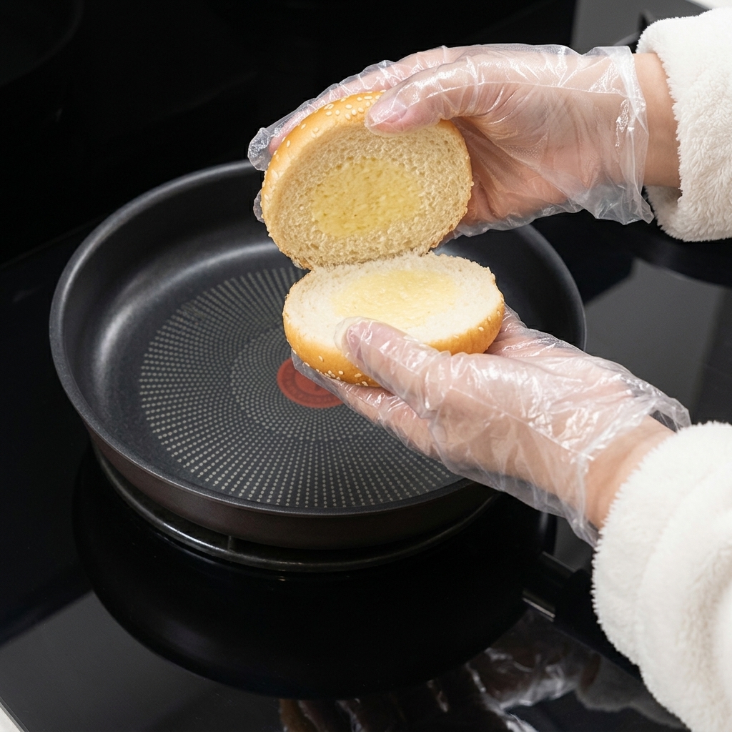 Dos mitades de pan de hamburguesa tostándose en una sartén antiadherente con mantequilla derretida.
