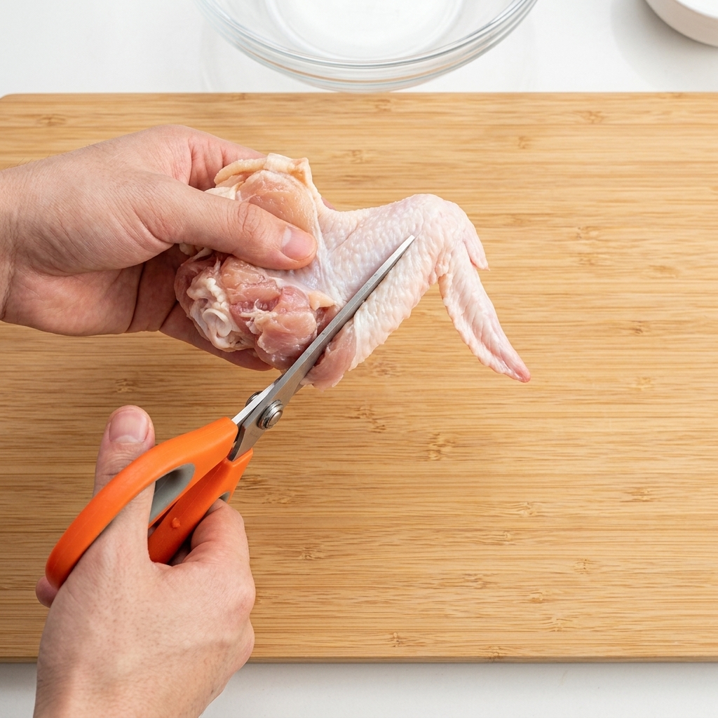 Primer plano de unas manos usando tijeras de cocina para quitar el hueso de un contramuslo de pollo crudo sobre una tabla de madera.