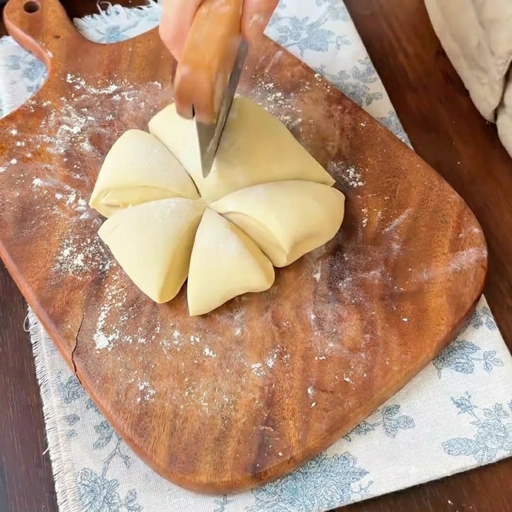 Seis porciones de masa preparada siendo cortadas y separadas sobre una tabla de cortar de madera.