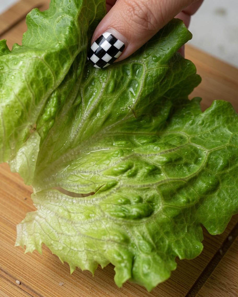 Una hoja de lechuga fresca siendo colocada con cuidado sobre un pan cubierto con kétchup.