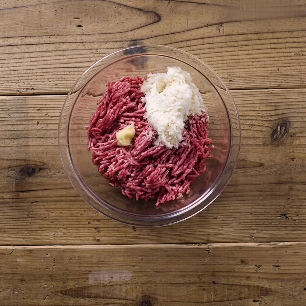 Un cuenco grande con carne picada, un huevo crudo y pan rallado remojado.