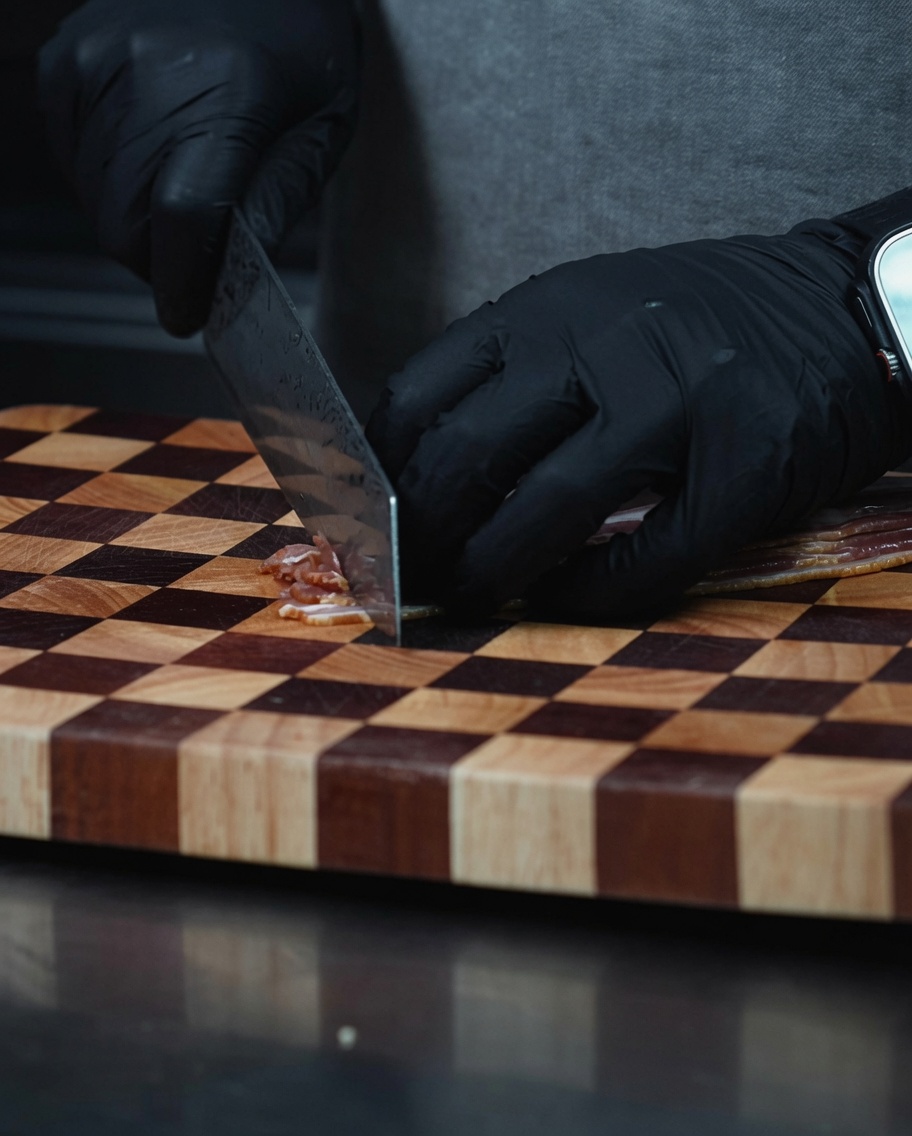 Una mano con guante usando un cuchillo para picar tiras de bacon crudo en una tabla de cortar de madera.