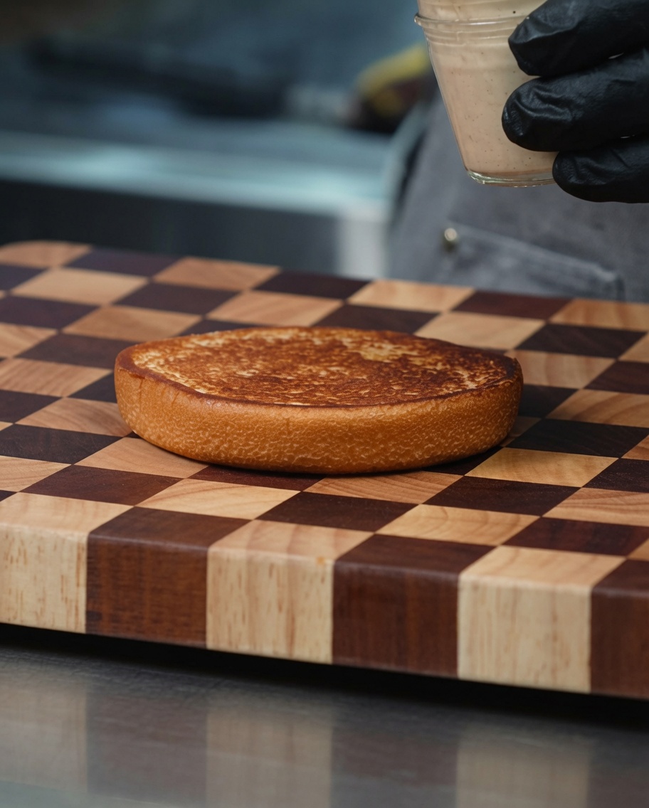 Salsa de hamburguesa siendo untada en una mitad de pan tostado.