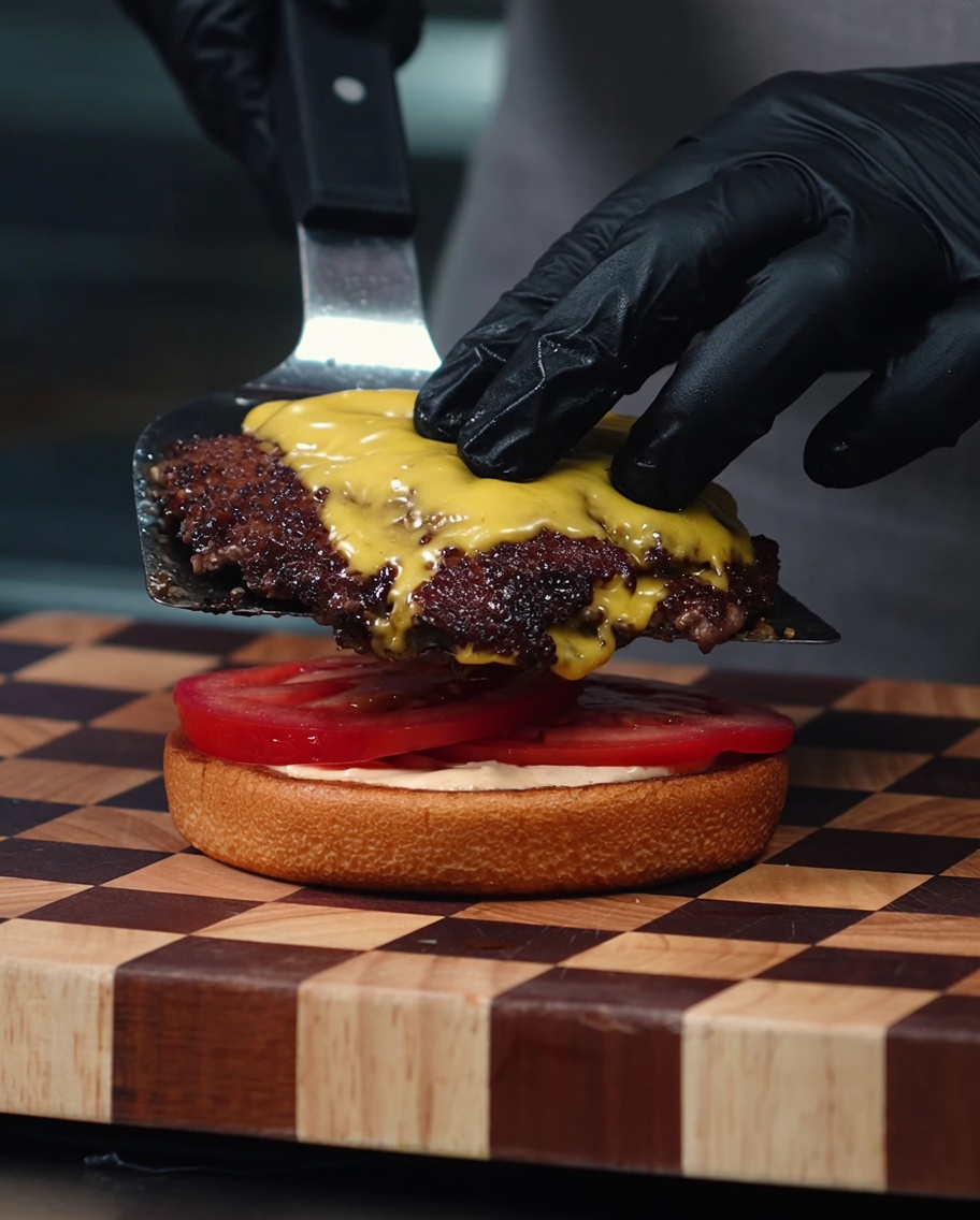 Hamburguesas de carne con queso apiladas sobre lonchas de tomate en el pan.