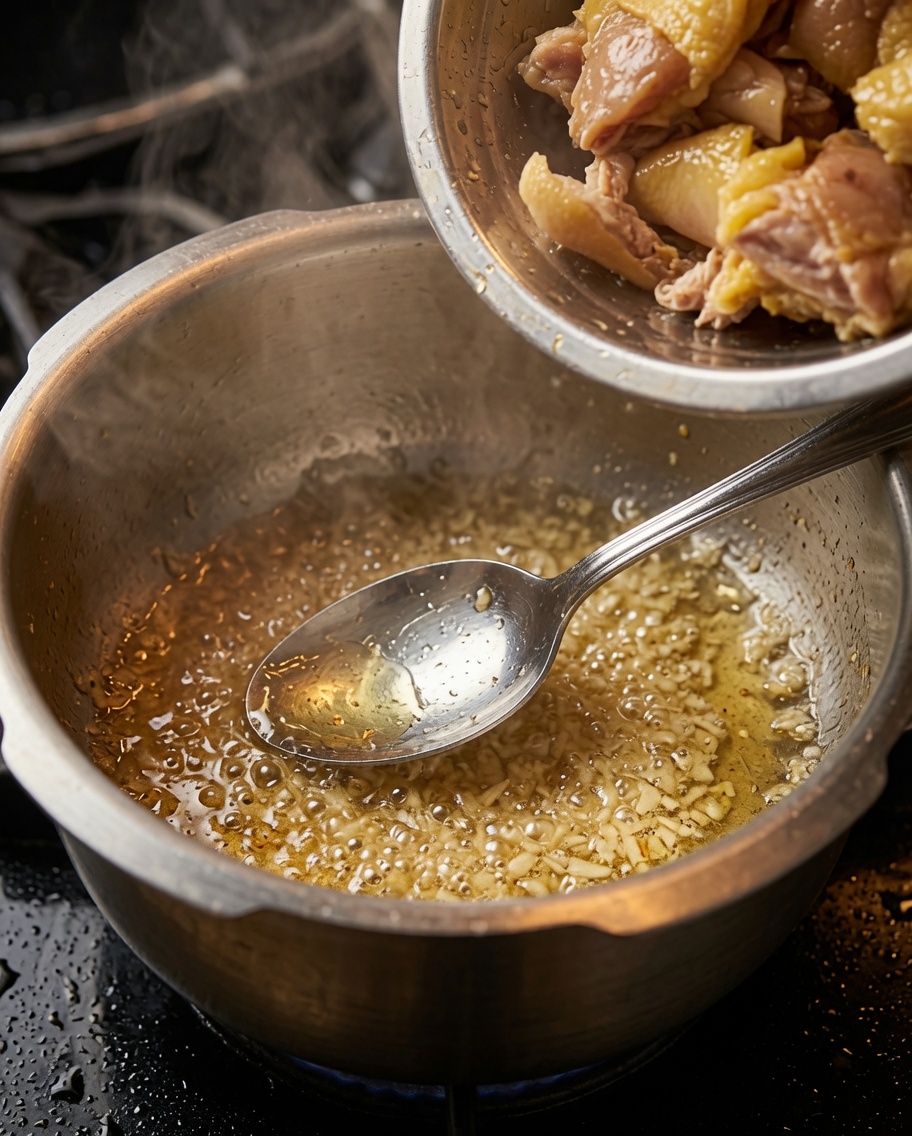 Trozos de pollo previamente blanqueados siendo añadidos a la olla con el jengibre y el ajo sofritos.