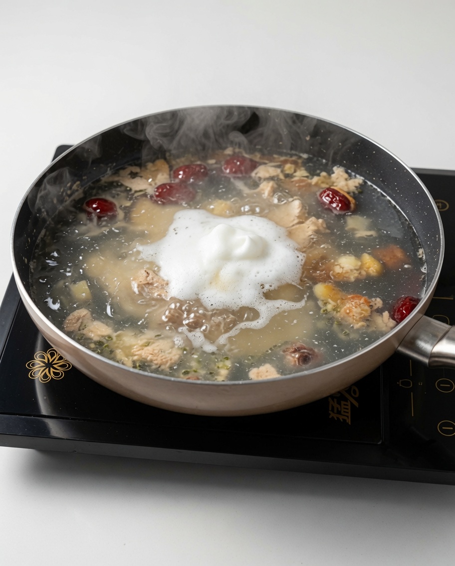 Un cucharón retirando la espuma blanca de la superficie de la sopa de pollo hirviendo.