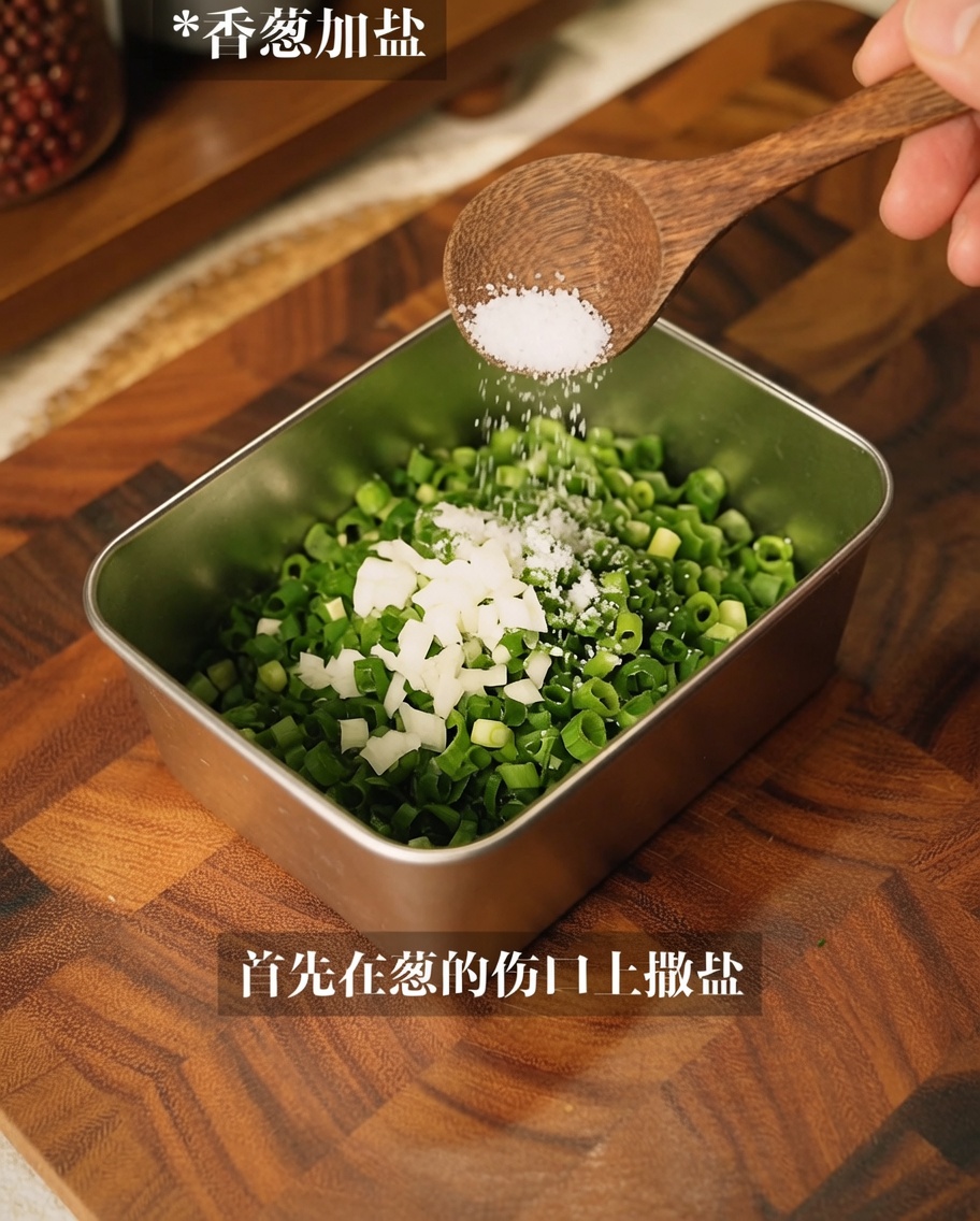 Cebolletas picadas en un recipiente de metal siendo mezcladas con sal.