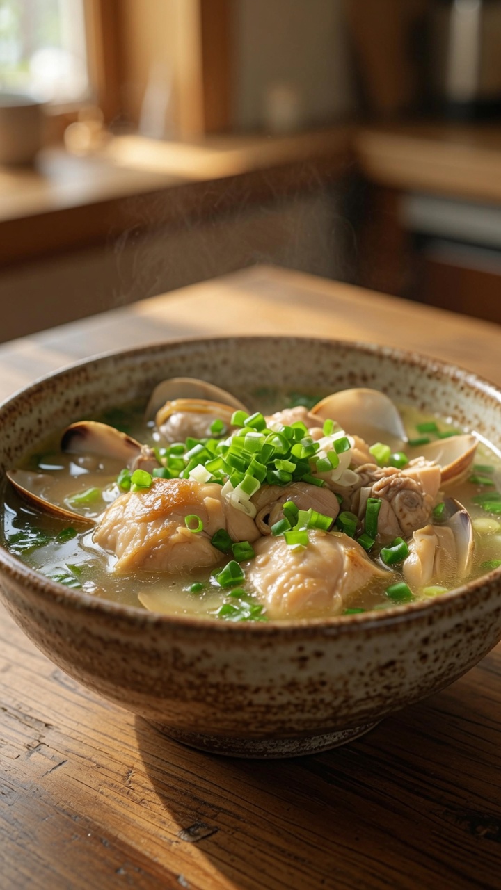 Sopa de Pollo y Almejas con Cebolletas Saladas